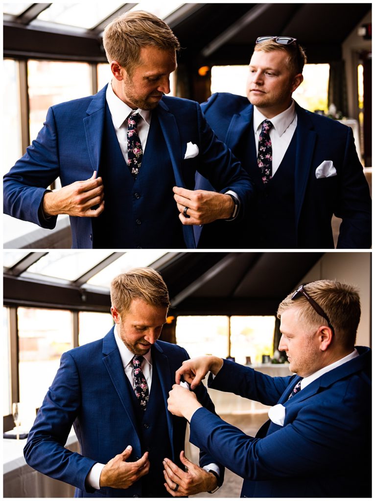 groom outfit ideas, blue suits, floral ties, groom getting ready, best groomsman photos