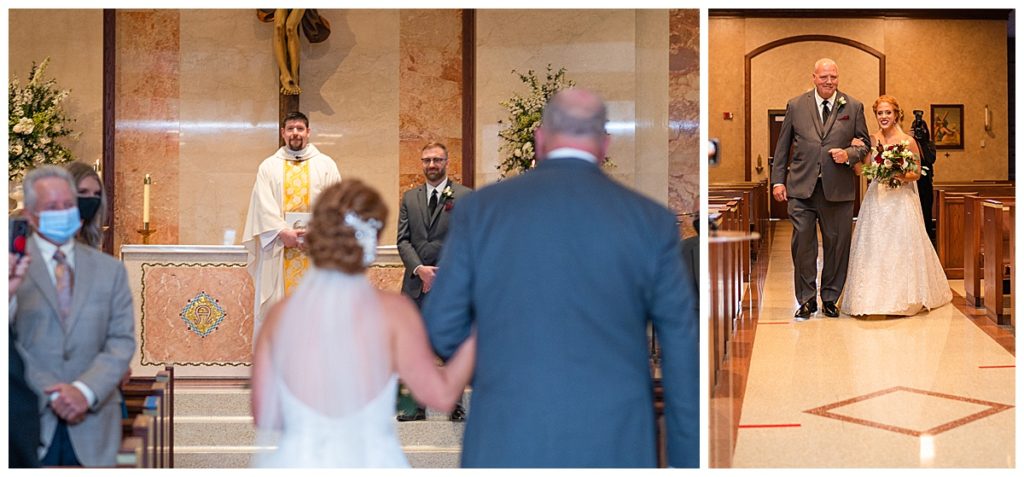 Catholic Wedding Ceremony, grooms reaction, father walking bride down the aisle, cleveland wedding, ohio wedding, wedding photo ideas, best wedding photographer, midwest photographer, fall wedding, november wedding in Ohio
