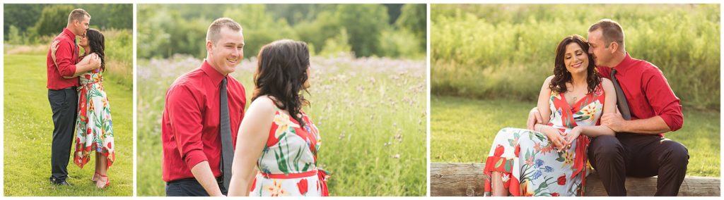 an engagement session at the cleveland metroparks, with lots of greenery and a glowy sunset, a large field in the park system
