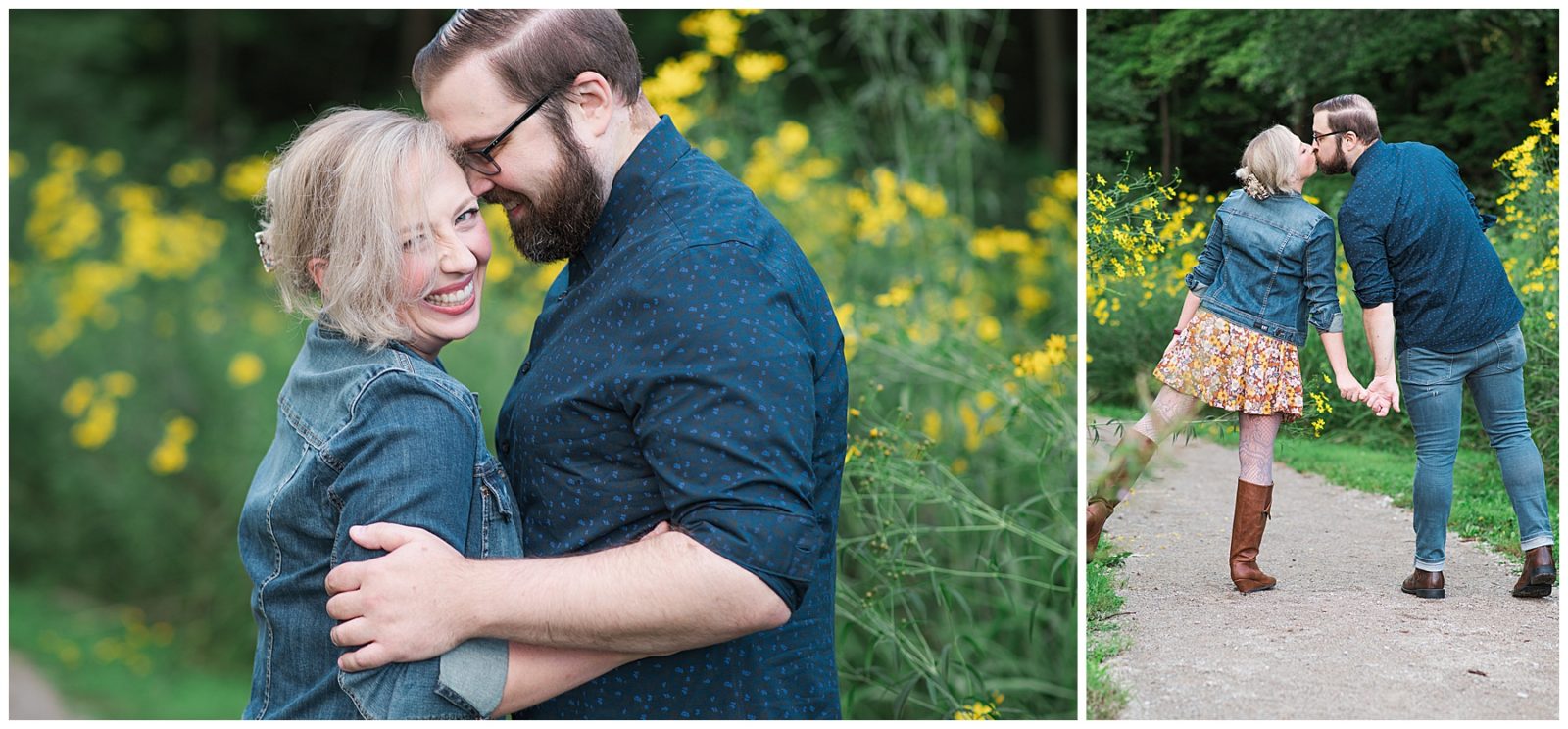 An August Ohio Engagement Session, fun and candid photos, engagement session outfit ideas, blue button down, jean jacket, outfit ideas, silly moments, wildflower field, metropark engagement session, golden hour