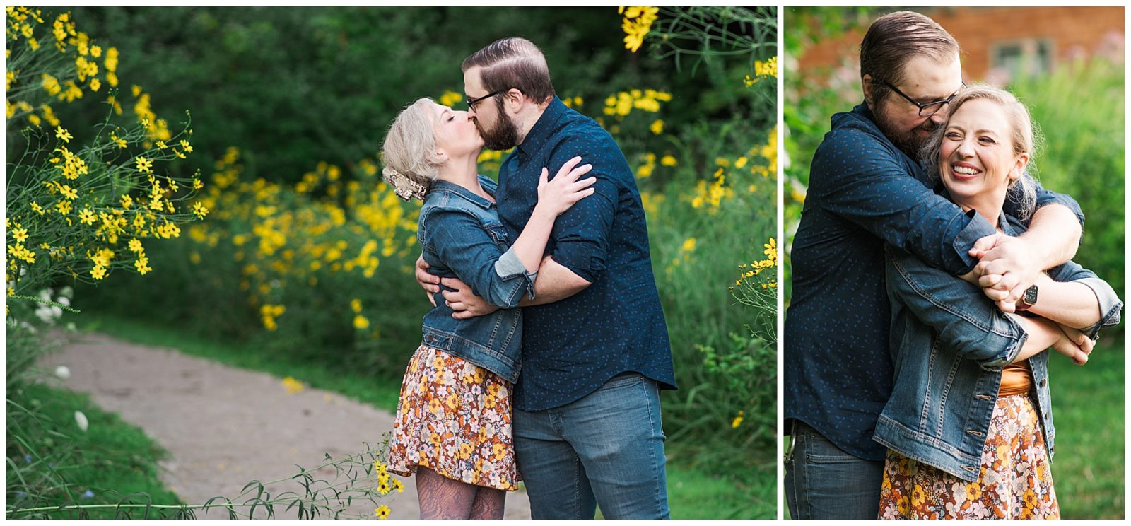 An August Ohio Engagement Session, fun and candid photos, engagement session outfit ideas, blue button down, jean jacket, outfit ideas, silly moments, wildflower field, metropark engagement session, golden hour