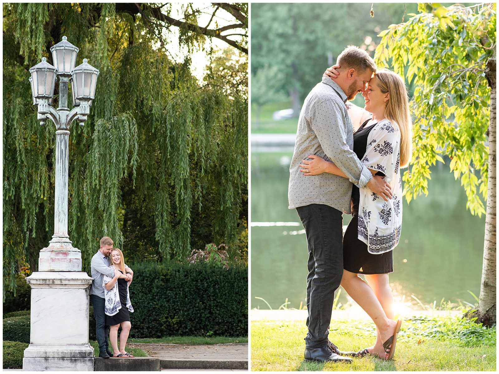 A Cleveland engagement session, wade lagoon photos, summer photos, sweet and candid photos, romantic engagement photos, outfit ideas, soft floral dress, willow tree, light post photos