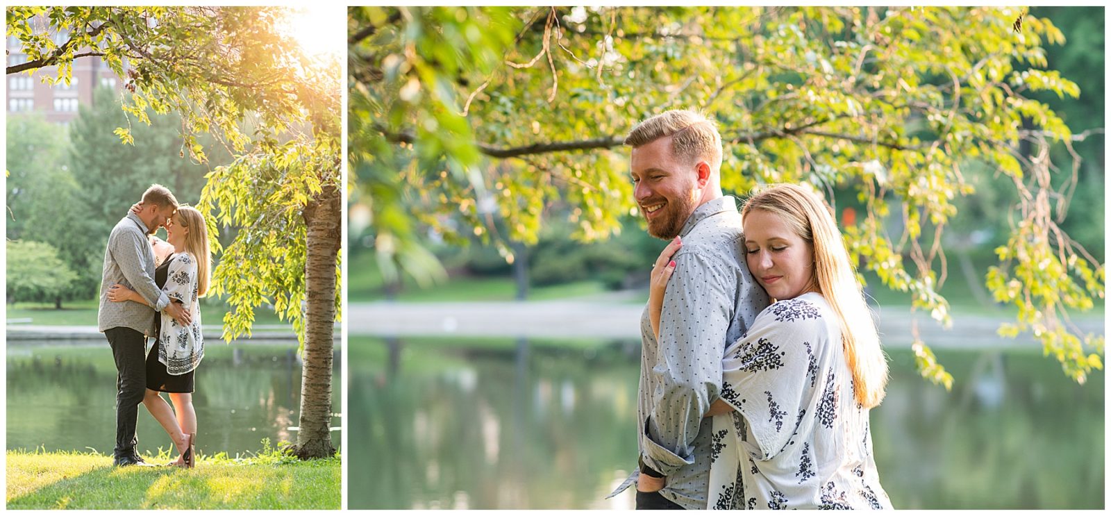 A Cleveland engagement session, wade lagoon photos, summer photos, sweet and candid photos, romantic engagement photos, outfit ideas, soft floral dress, willow tree, light post photos