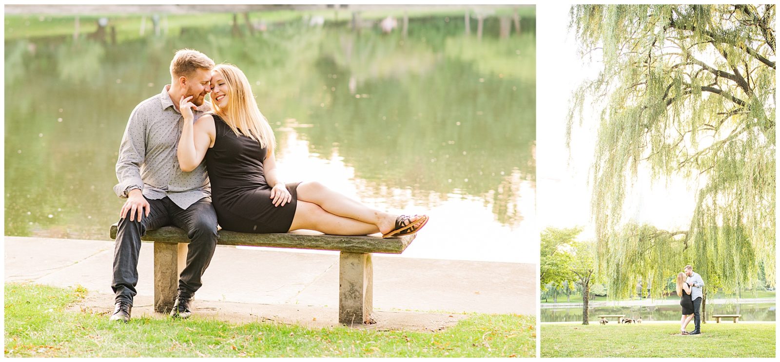 A Cleveland engagement session, wade lagoon photos, summer photos, sweet and candid photos, romantic engagement photos, outfit ideas, soft floral dress, pond photos, golden hour, glowy light
