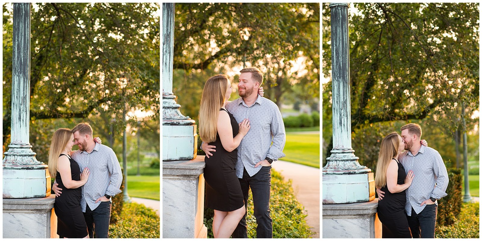 A Cleveland engagement session, wade lagoon photos, summer photos, sweet and candid photos, romantic engagement photos, outfit ideas, marble steps, big columns at art museum for photos golden hour, glowy light