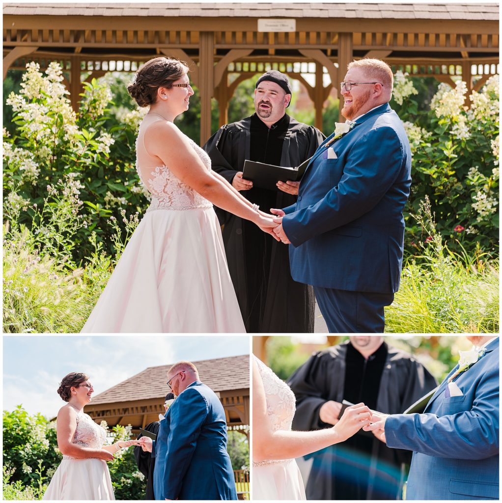 Cleveland Ohio wedding at the I+A hall in Wickliffe, outdoor ceremony, gazebo, wedding photography, exchanging vows, walking down the aisle, exchanging rings, saying I do, first kiss